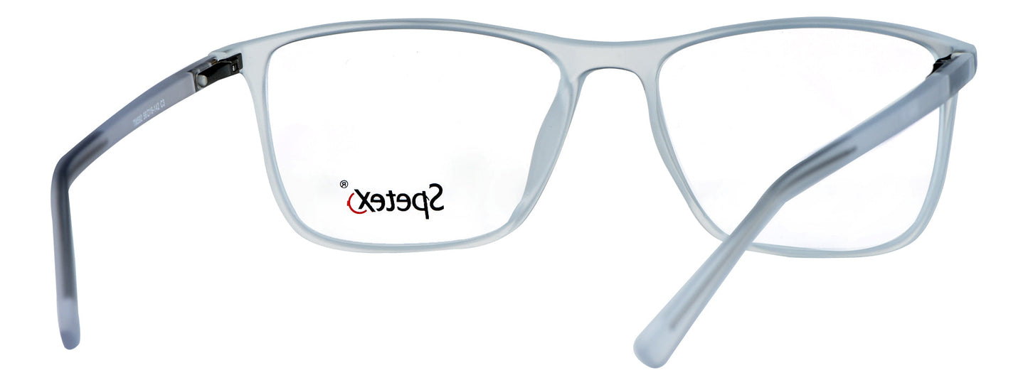 Medium transparent white unisex eyeglasses with blue control technology.