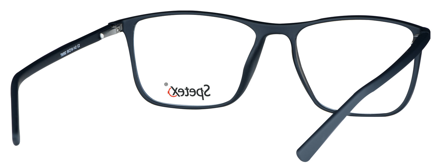 Matte black unisex eyeglasses with sleek design and blue light protection.